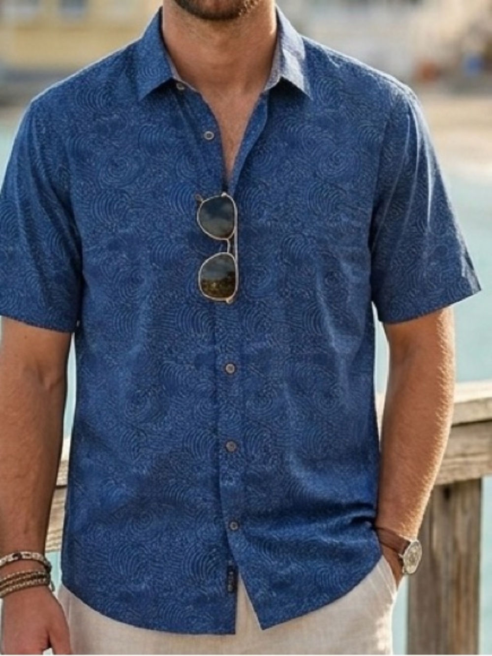 Island Republic Blue Short-Sleeve Button-Down Shirt with Subtle Swirl Print
